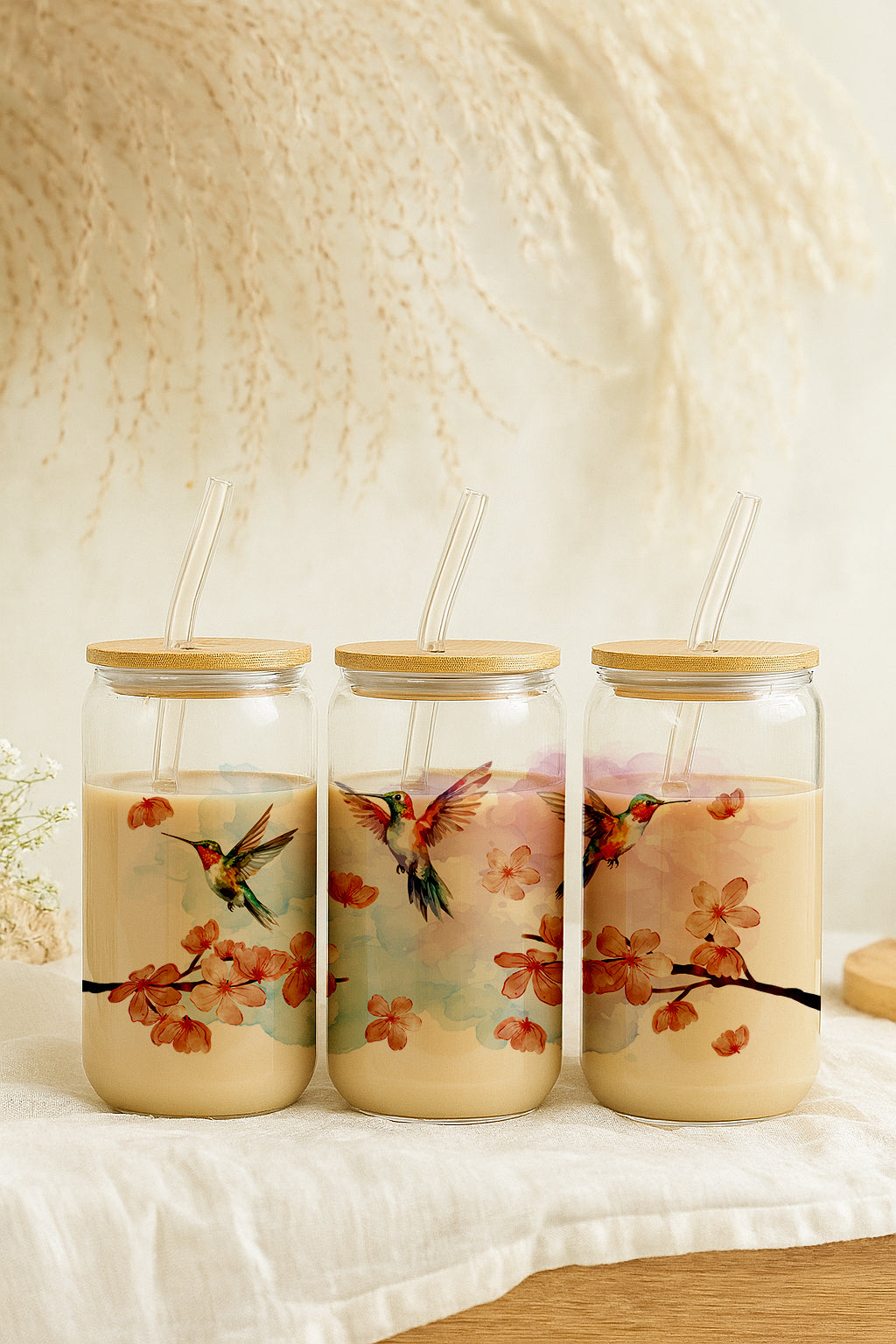 Humming Bird & Cherry Blossom Can Glass Tumbler, Eco-Friendly Aesthetic Cup