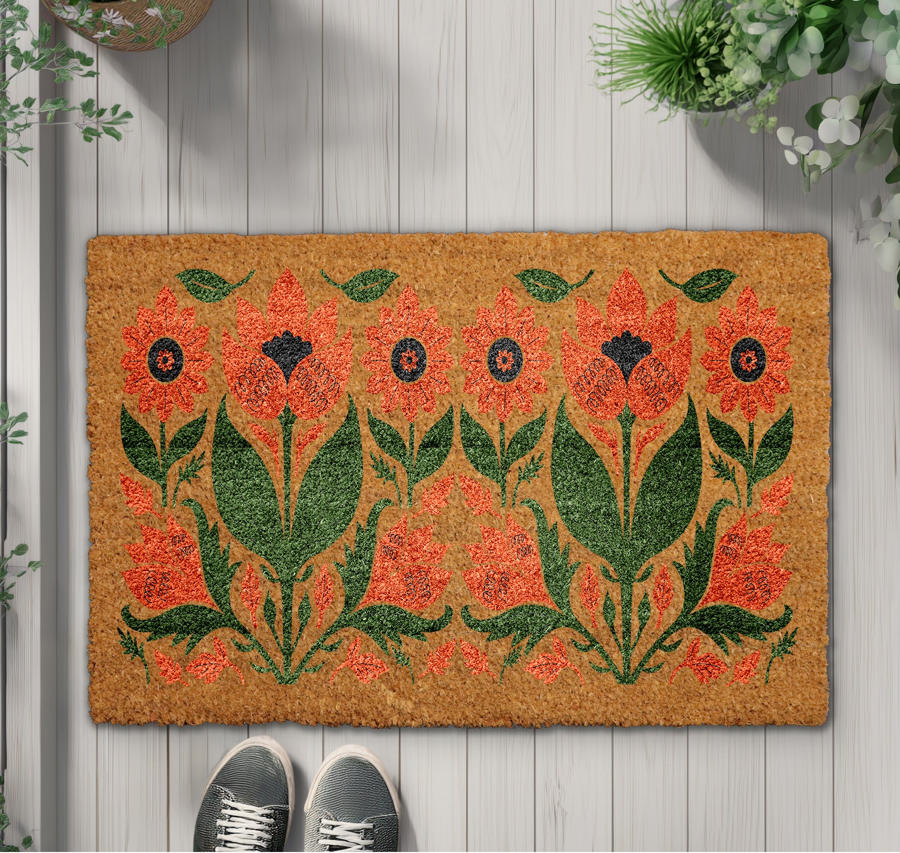 Hand-Painted Floral Welcome Mat, Botanical Orange Flower Coir Doormat