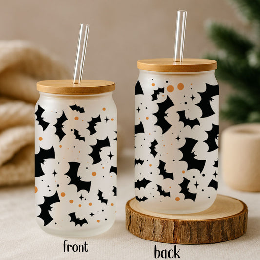 Spooky Season Bats Design Glass Cup, Fall Festive Trick-or-Treat Sipper.