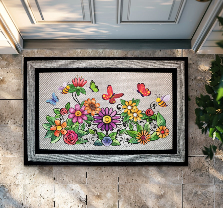 Vibrant Spring Porch Rug, Welcome Home with Colorful Garden Wildflowers