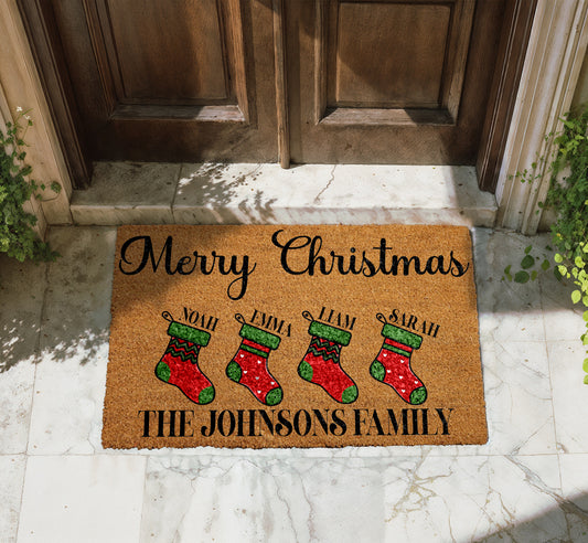 Custom Family Names Stocking Welcome Mat, Holiday Home Entrance Decor