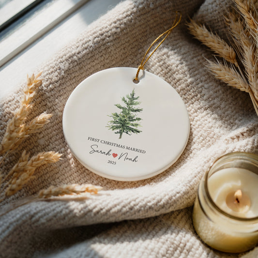 Personalized First Christmas Married Ornament, Custom Ceramic Xmas Keepsake Gift