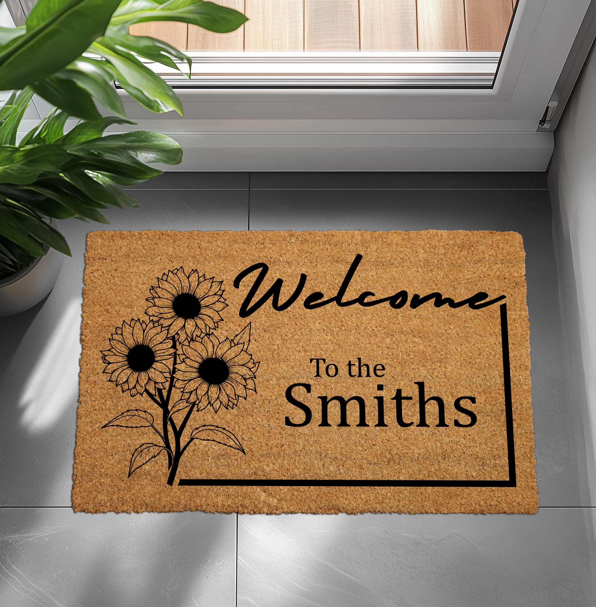 Custom Sunflower Welcome Doormat: Personalized Coir Entryway Mat for Bright Homes