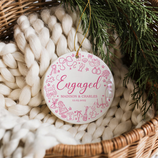 Customized Ceramic Ornament, Engaged Couple Keepsake, Hanging Engagement Decor