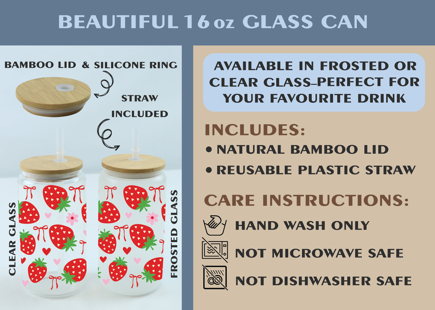 Strawberry Can Glass, Cute Coquette Bow Iced Coffee Cup, Aesthetic Strawberry Drink Glass, Fruit Themed Drinkware, Reusable Smoothie Glass