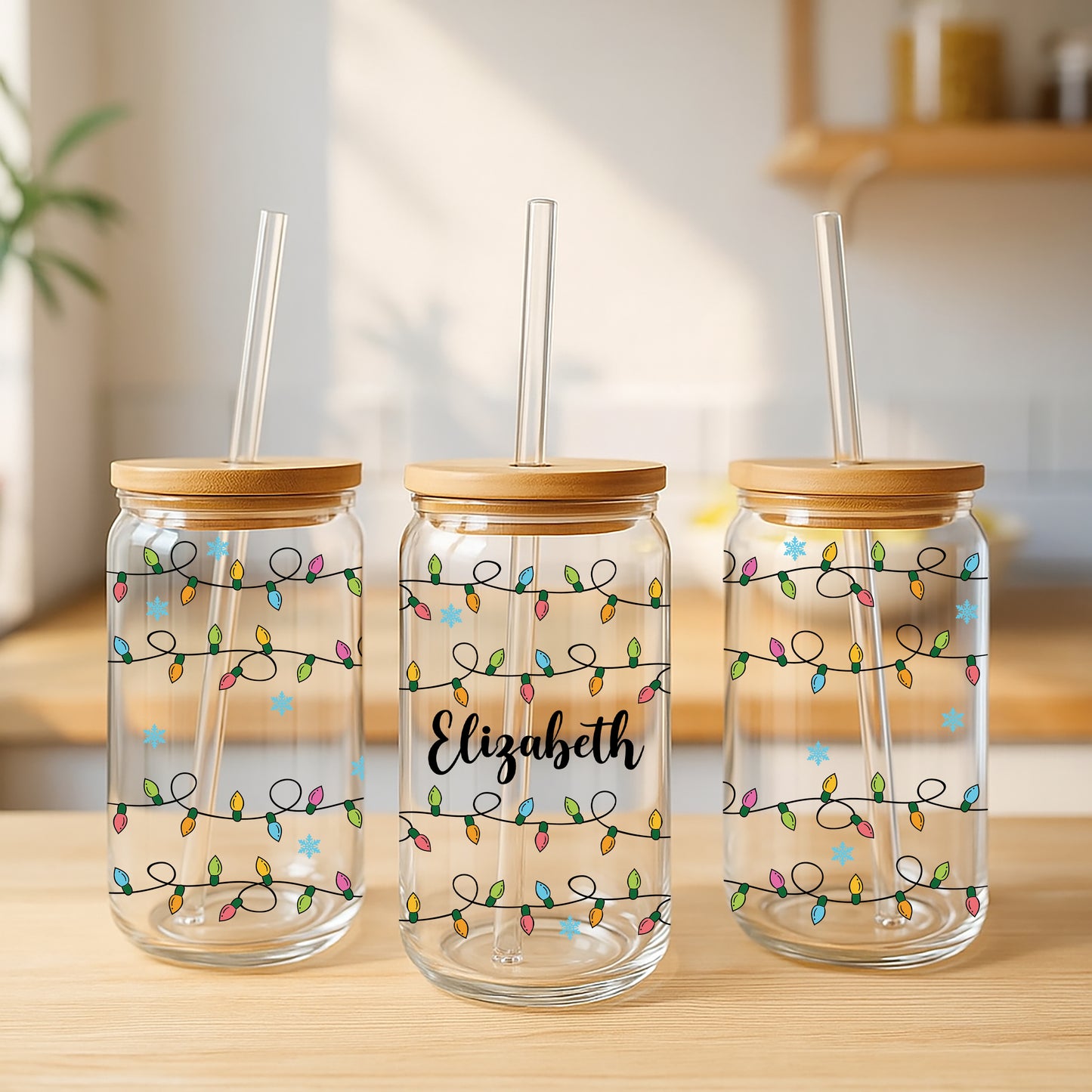 Personalized Christmas Lights Can Glass Tumbler, Festive Gift for Her