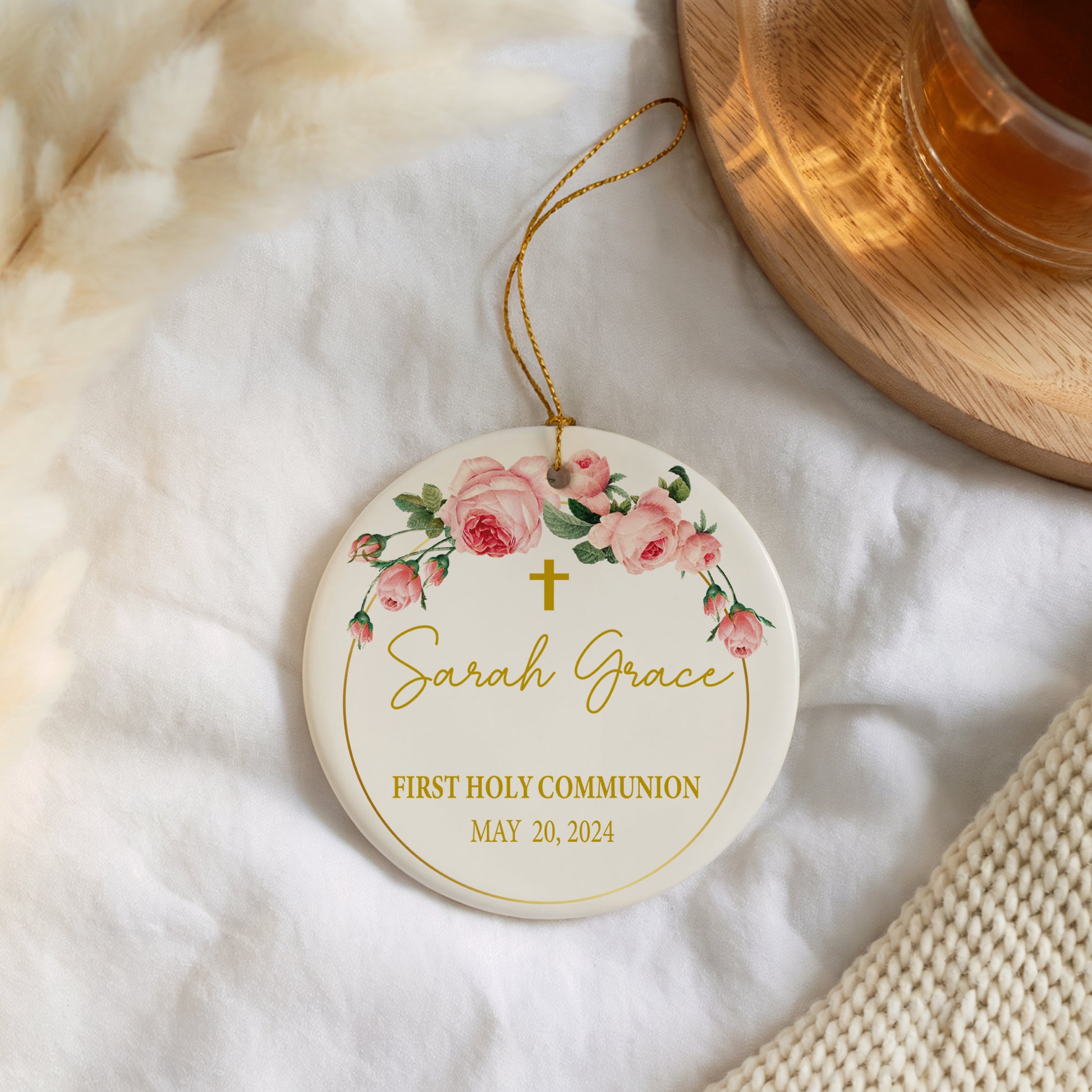 Ceramic Christening Decor, Personalized First Holy Communion Ornament, Cute Floral.