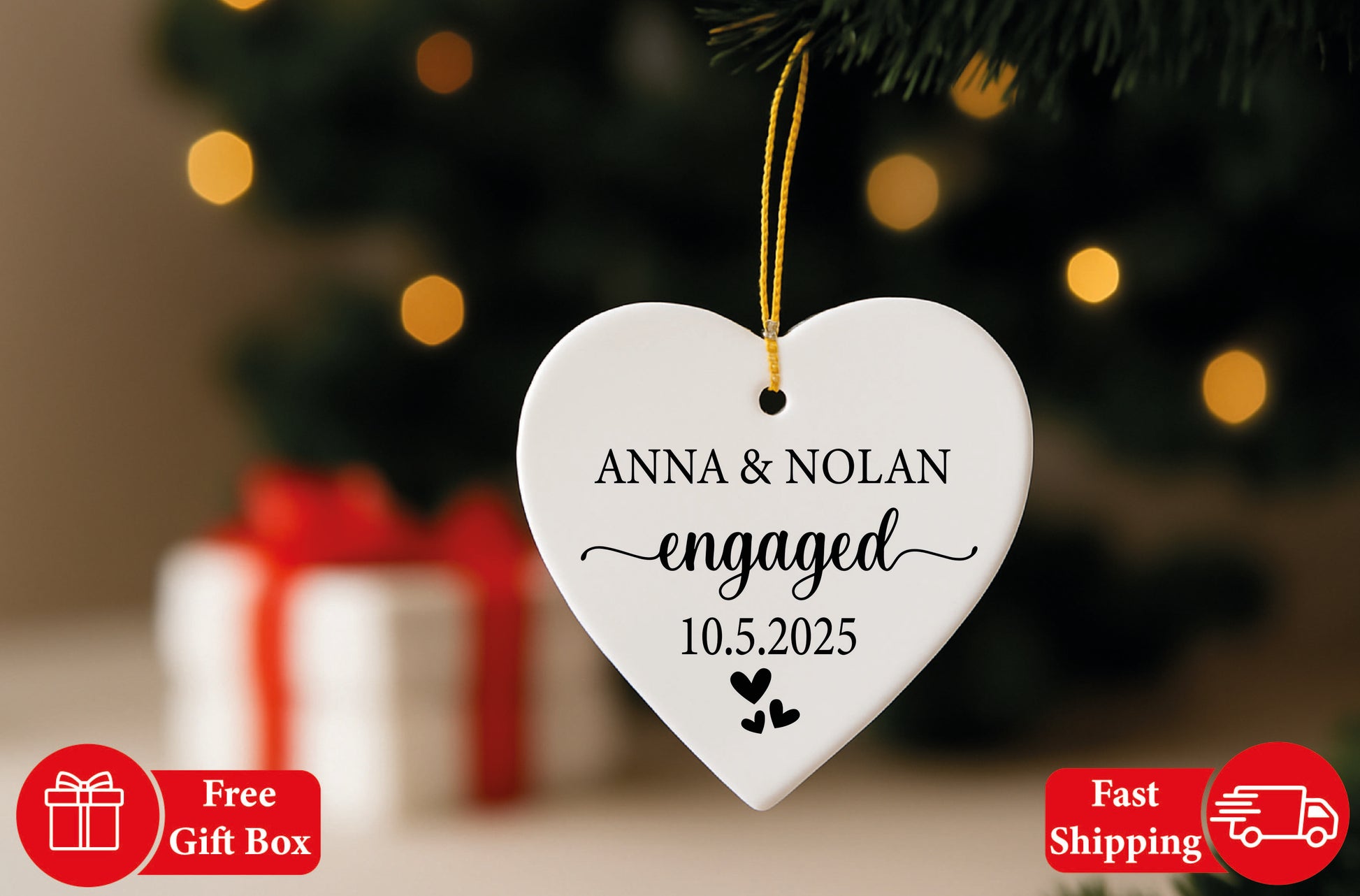 Personalize Your Engagement: Name & Date Ceramic Heart Ornament