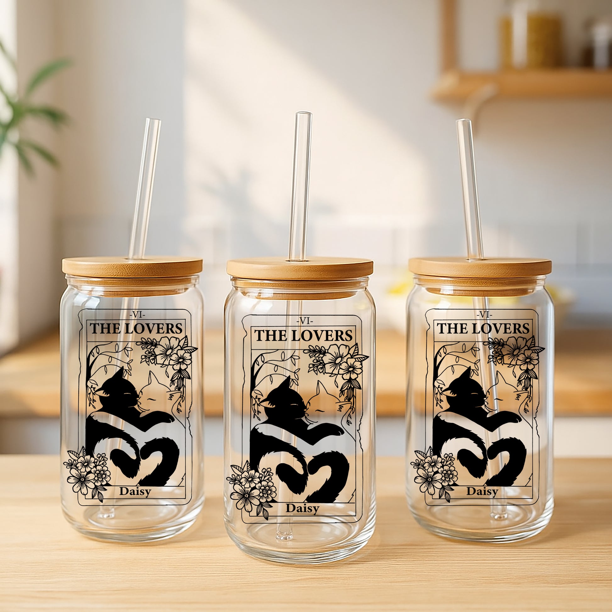 Custom Cat Design Glass Tumbler, Cute Tarot Card Iced Coffee Cup