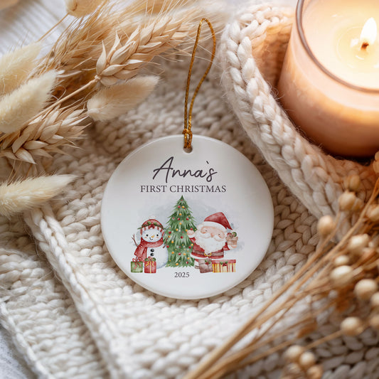 Personalized Ceramic Baby's First Christmas Ornament, Santa Snowman Design 2025