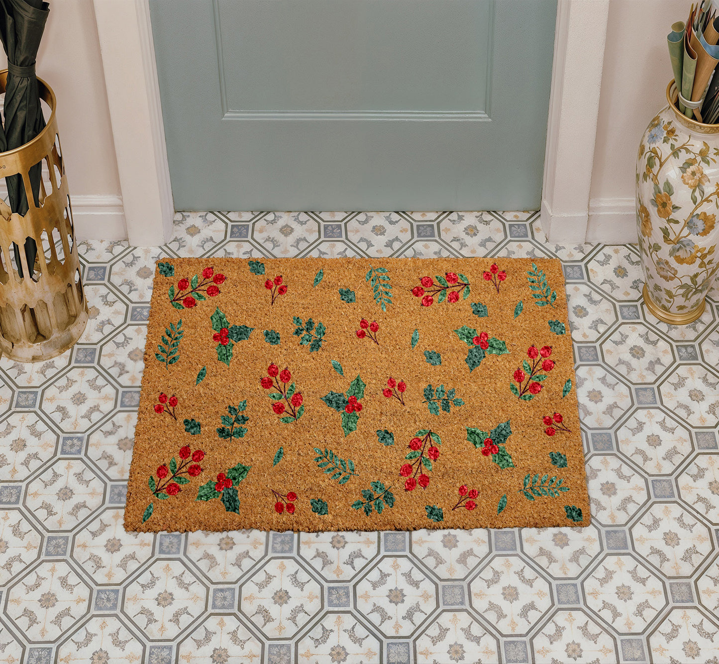 Cozy Christmas Holly Berry Doormat, Festive Winter Welcome Mat