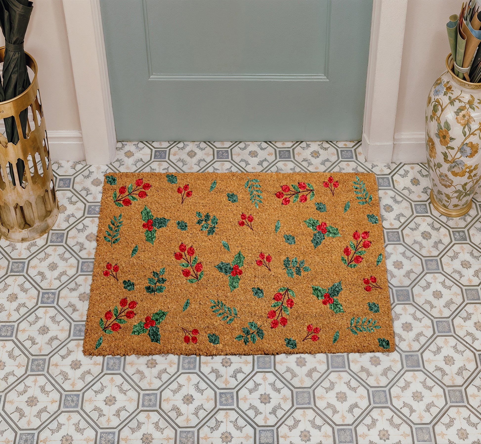 Cozy Christmas Holly Berry Doormat, Festive Winter Welcome Mat