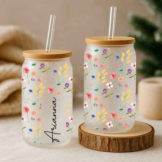 Personalized Can Glass with Colorful Flowers, Boho Eco-Friendly Gift