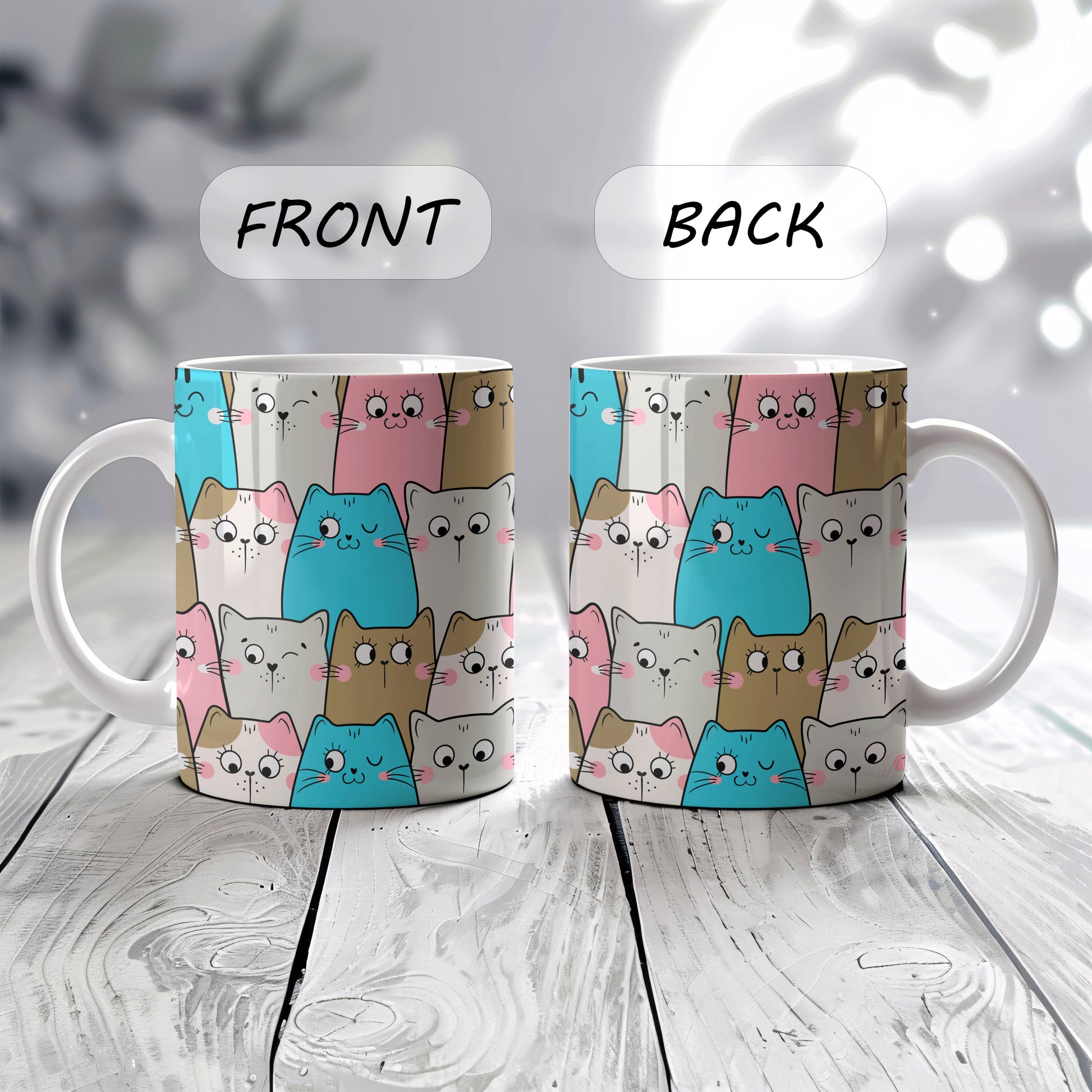 Colorful Cartoon Cats Ceramic Mug, Cute Kawaii Design, Cat Lover Gift