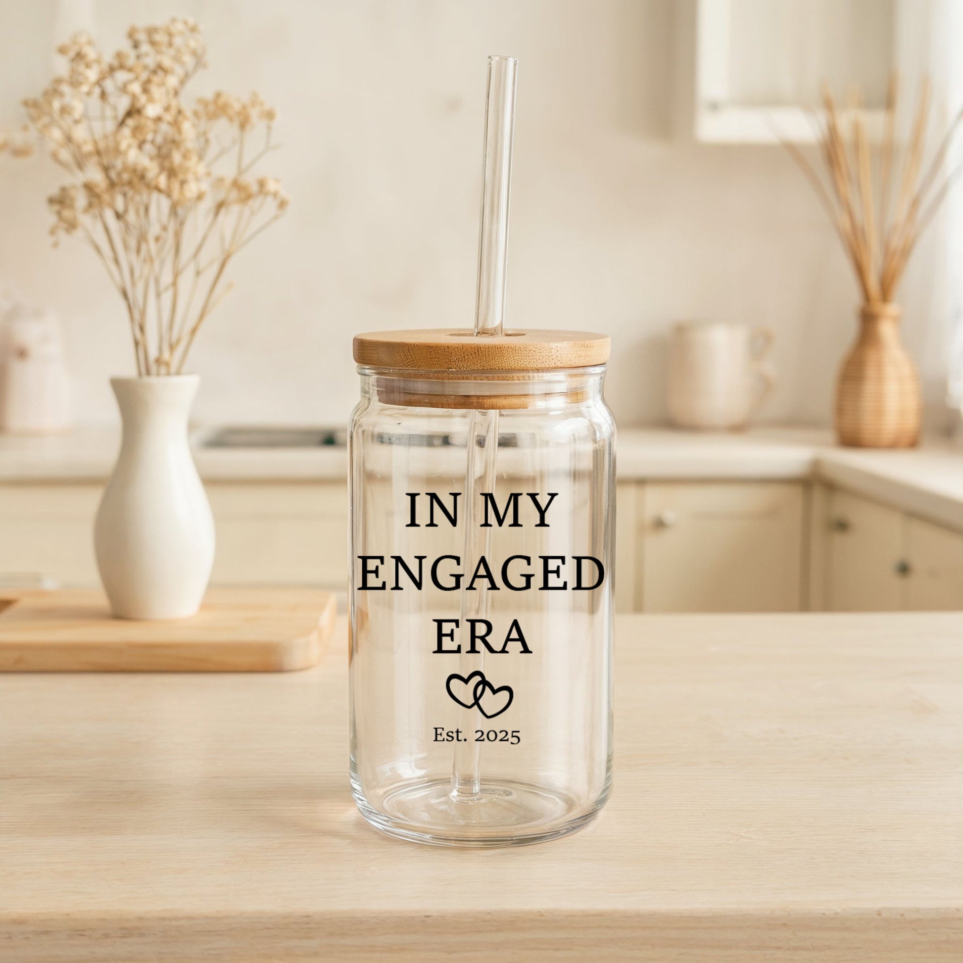 Personalized Engagement Glass Tumbler, Bamboo Lid - Ideal Gift!