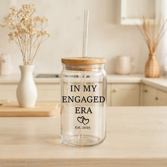 Personalized Engagement Glass Tumbler, Bamboo Lid - Ideal Gift!