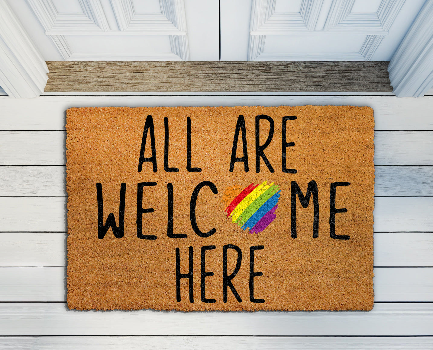 Rainbow Heart Coir Doormat – Welcome All with Kindness