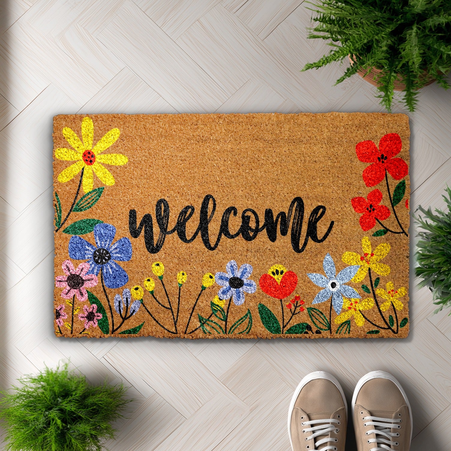 Vibrant Floral Welcome Doormat, Spring Garden Decor, Cute Housewarming Gift