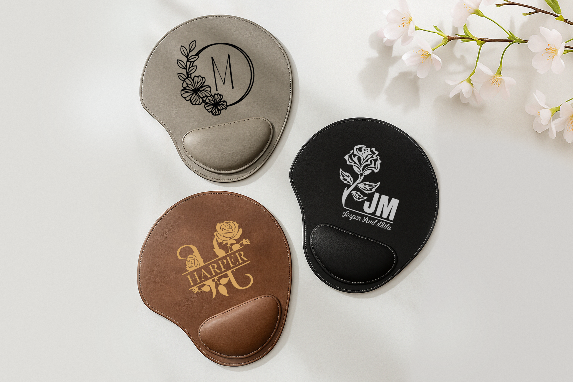 Custom Floral Mousepad: Vegan Leather, Engraved Name, Wrist Support.