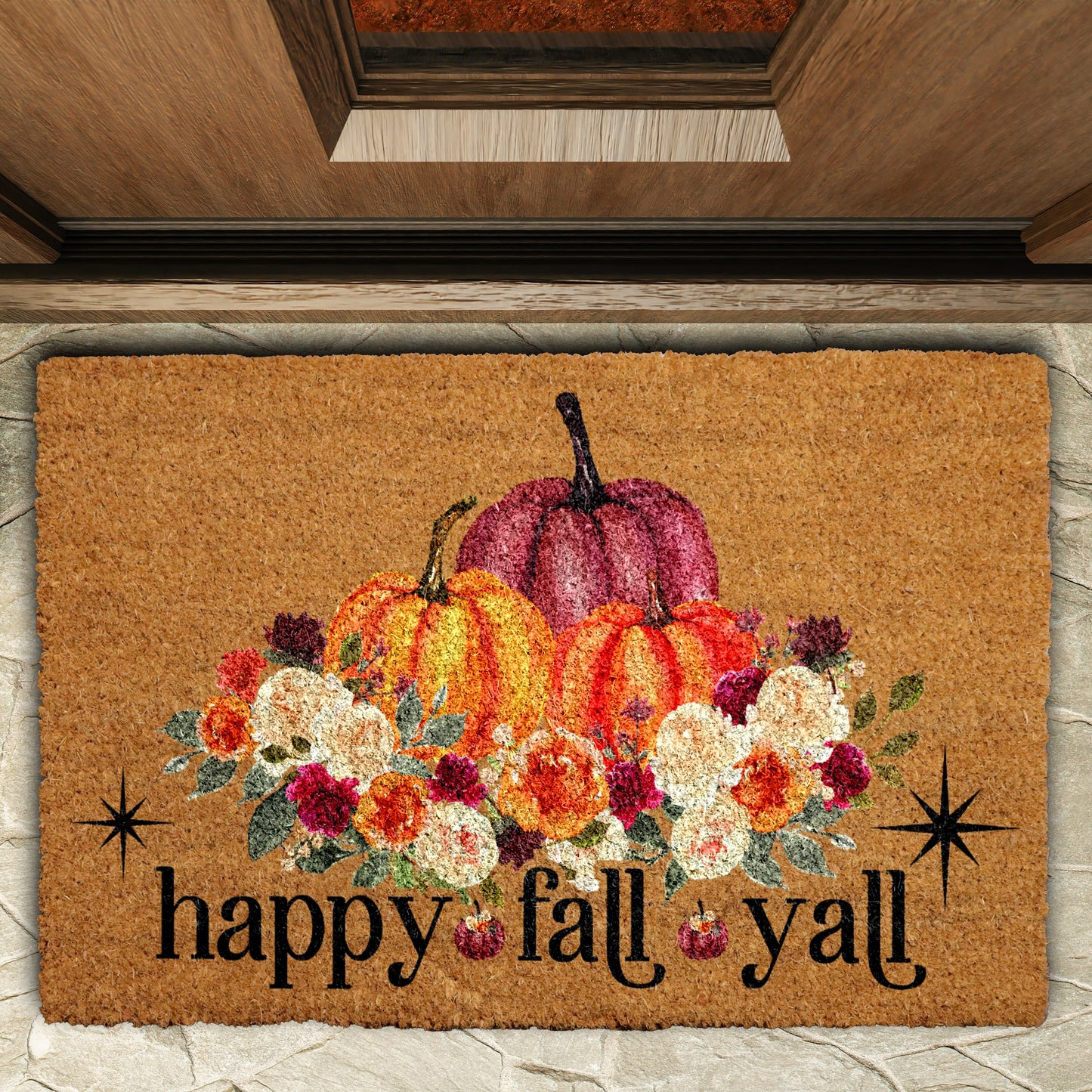 Autumn Front Porch Rug, Happy Fall Y'All Door Mat Decor