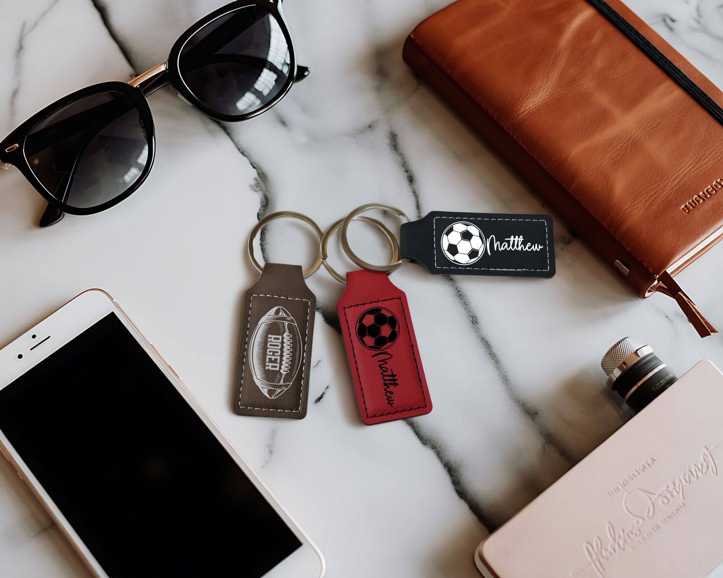 Custom Sports Theme Vegan Leather Keychains, Personalized Athlete Gift