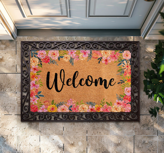 Floral Coco Doormat: Vibrant Flowers, Cute Spring Entry Door Mat