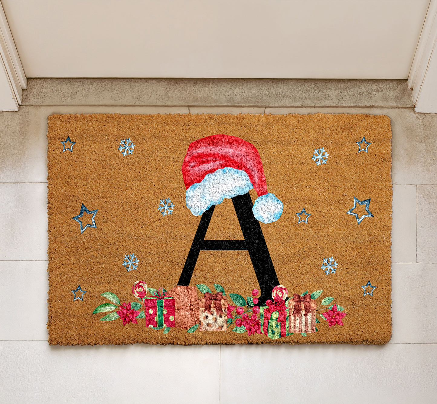 Santa Hat Initial Welcome Mat, Personalized Christmas Monogram Doormat