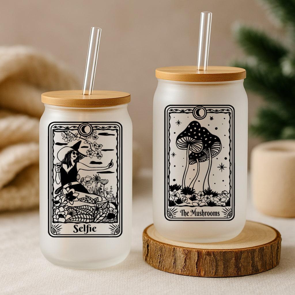 Mystical Tarot Cards Themed Glass Tumbler, Witchy Aesthetic Cup