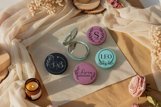 Customizable Vegan Leather Compact Mirror, Personalized Monogram Portable, Valentine's Day.