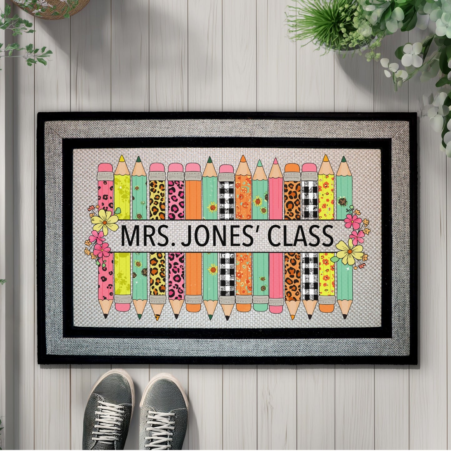 Personalized Teacher Doormat, Appreciation Gift for Classroom Decor, Pencil Design