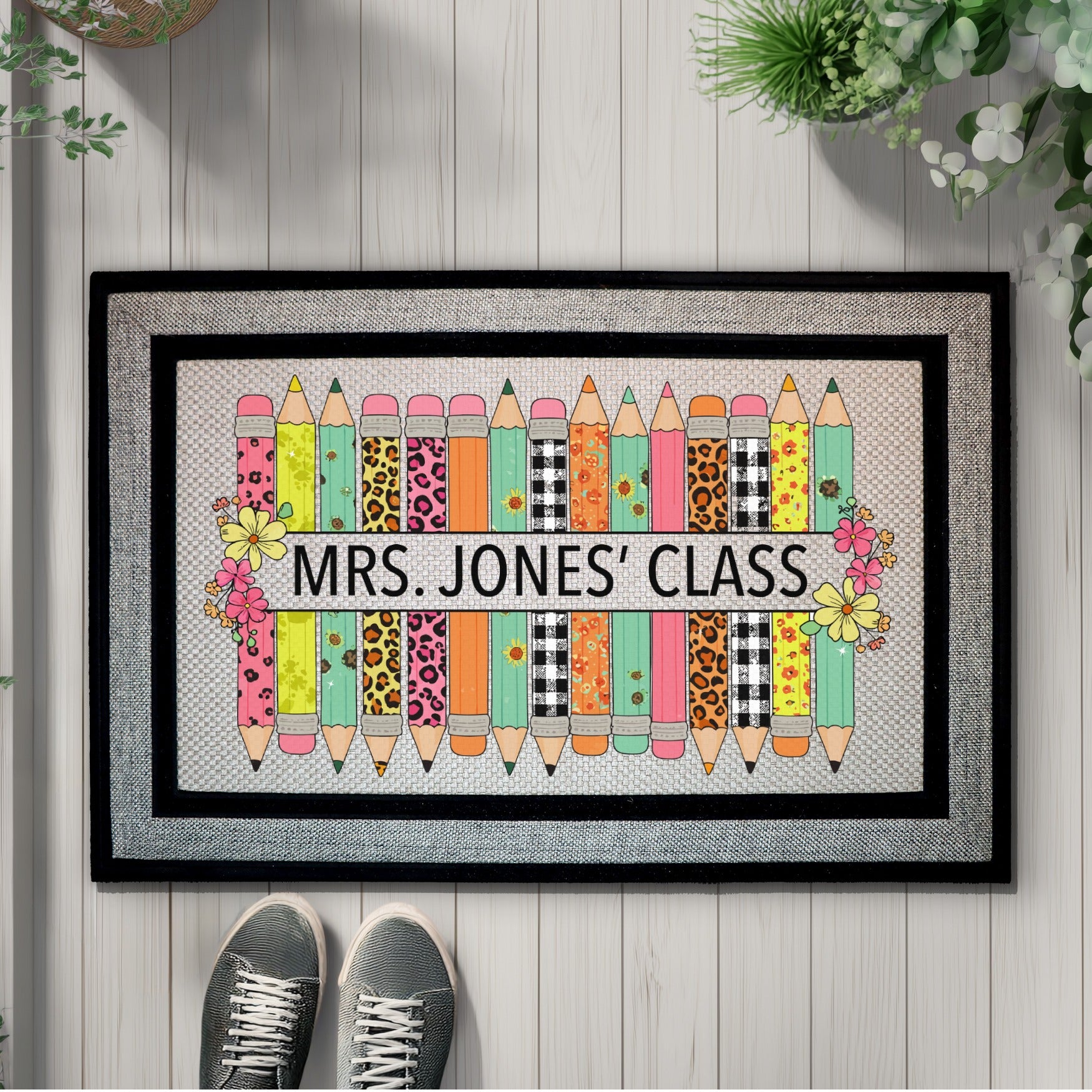 Personalized Teacher Doormat, Appreciation Gift for Classroom Decor, Pencil Design