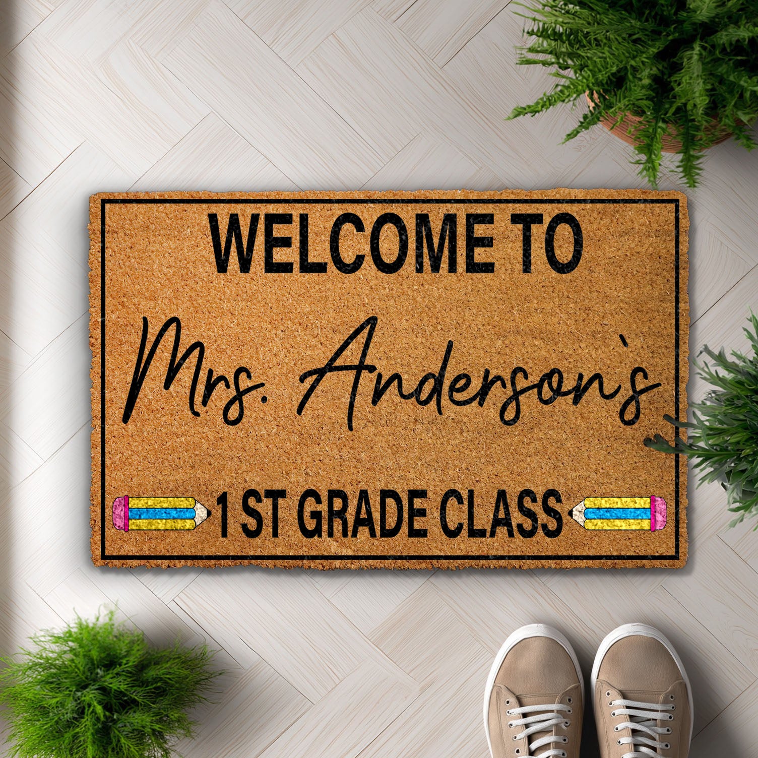 Personalized Teacher Doormat, Custom First Grade Classroom Welcome Mat