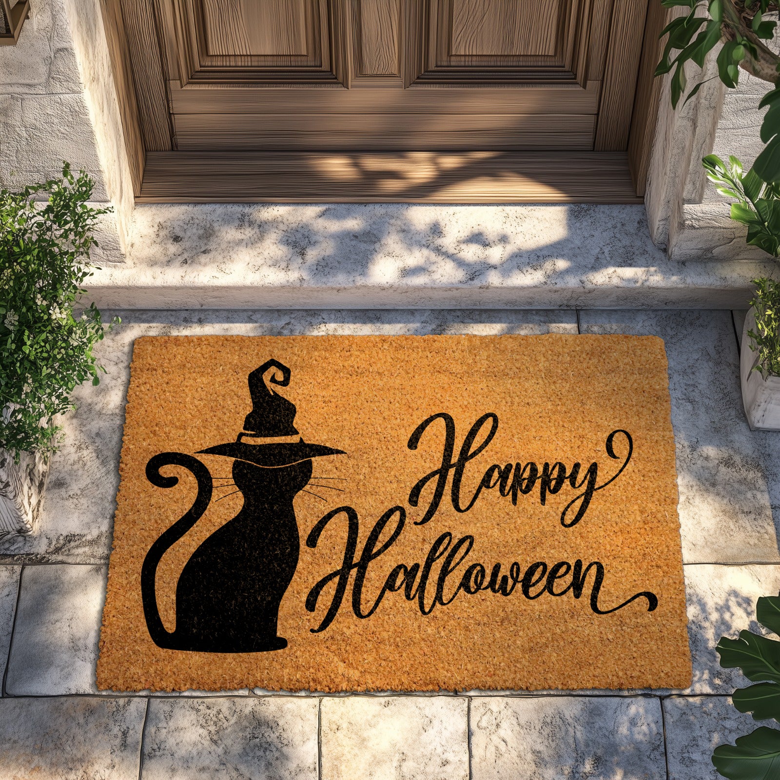 Witchy Black Cat Doormat: Spooky Season Home Decor Essential.