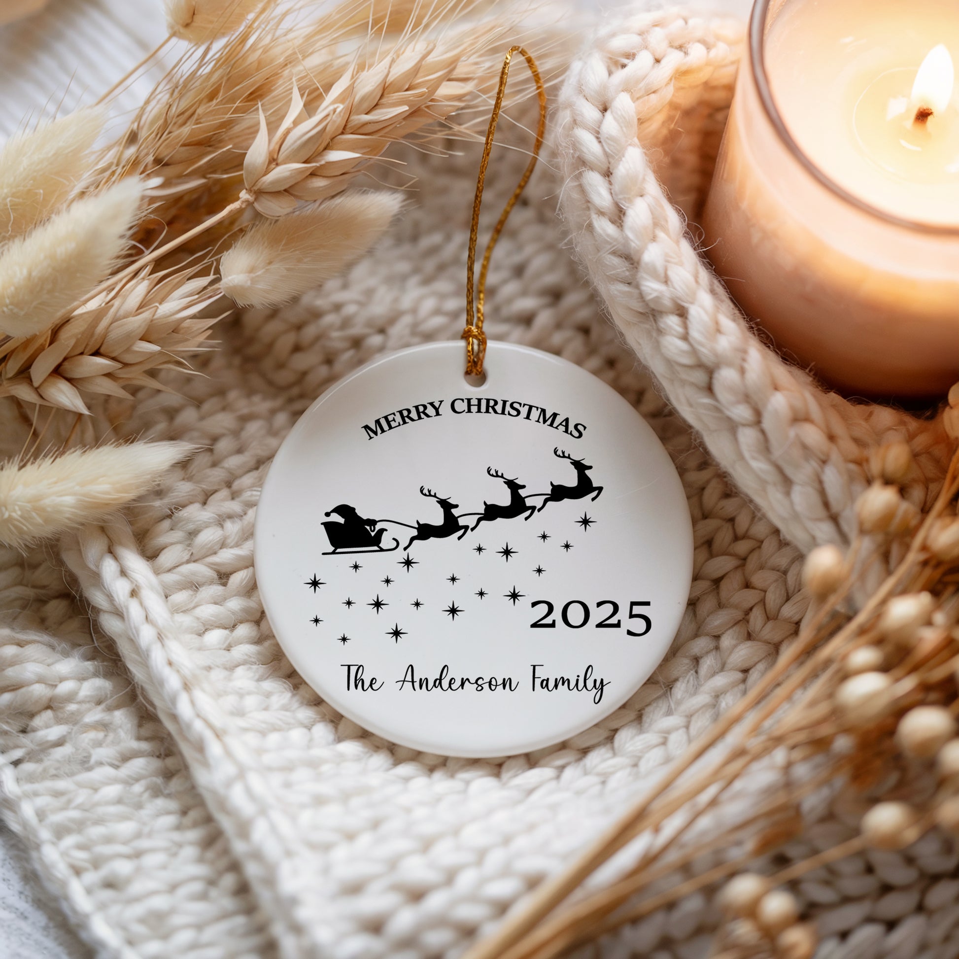 Personalized Santa Sleigh Ceramic Ornament, Festive Merry Xmas Tree Decoration