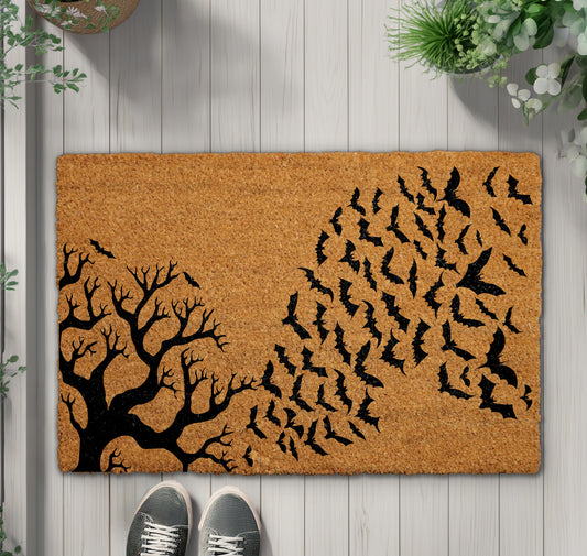 Spooky Season Tree & Bats Doormat, Gothic Home Entrance Decor