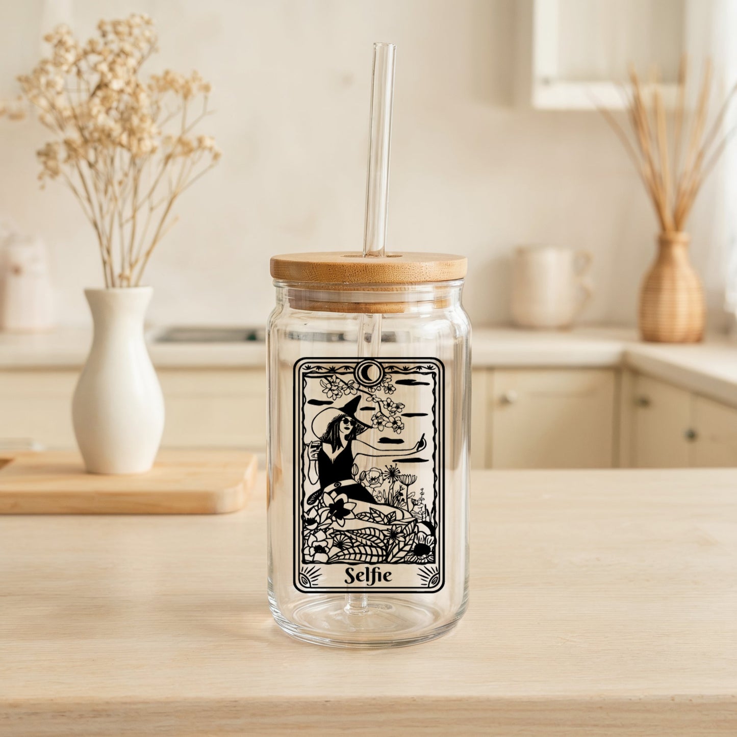 Mystical Tarot Cards Themed Glass Tumbler, Witchy Aesthetic Cup