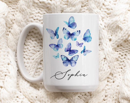 Personalized Watercolor Butterfly Mug, Elegant Tea Cup With Name