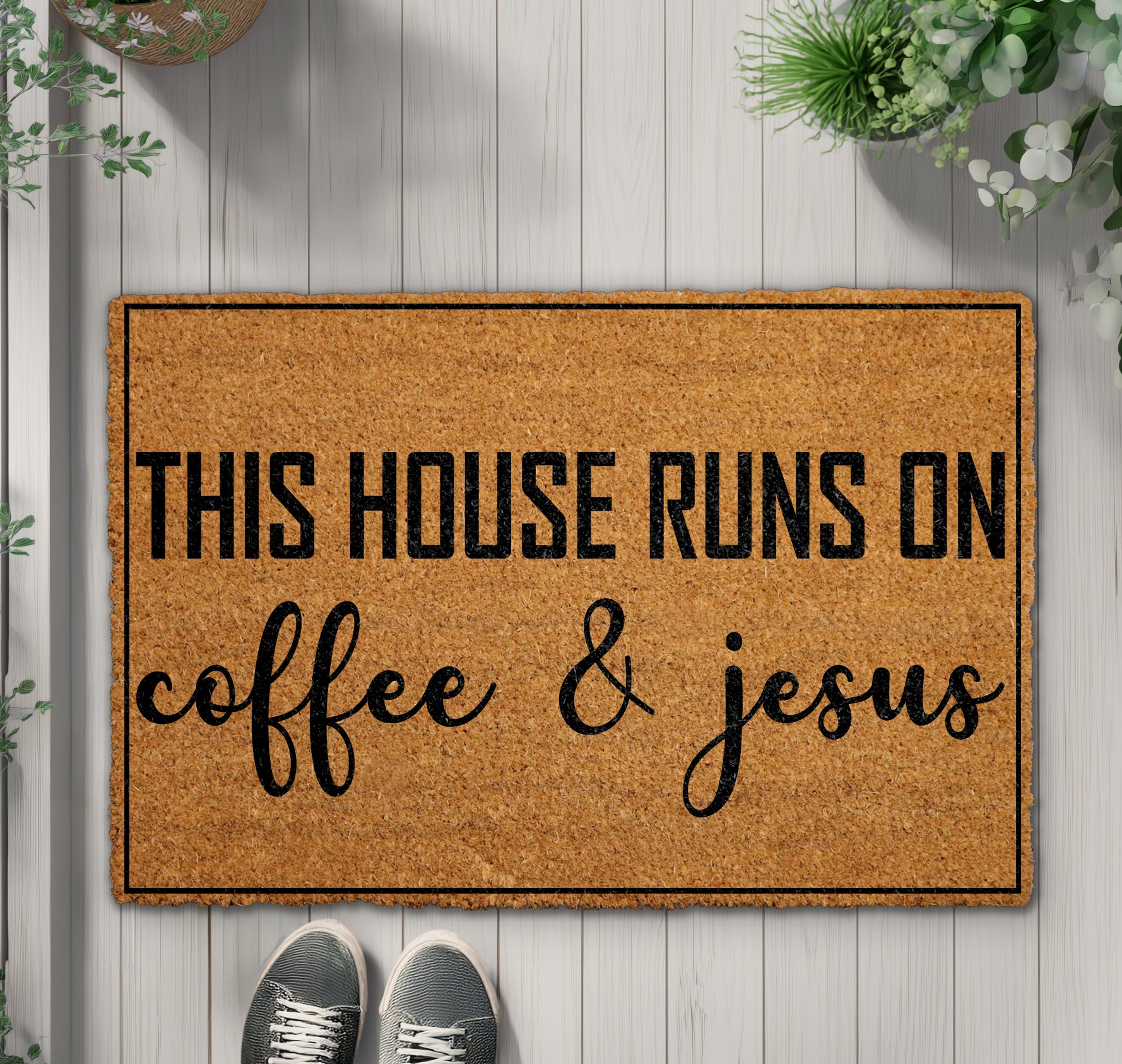 Christian Welcome Mat: Coffee & Jesus, Faith-Based Doormat, Housewarming Gift
