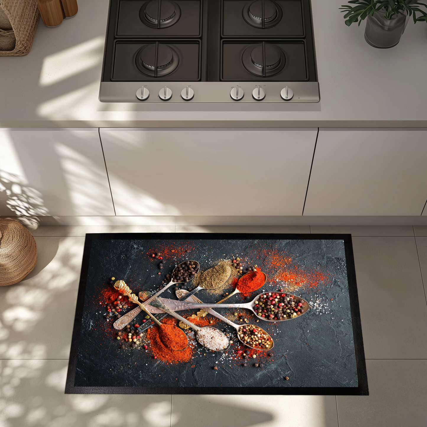 Colorful Spice Print Kitchen Mat, Herb Illustration Rug for Sink