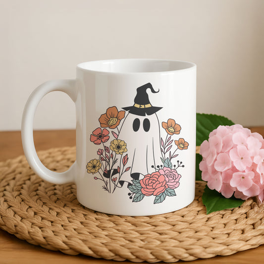 Floral Witch Hat Ceramic Mug, Halloween Tea Cup, Colorful Ghost