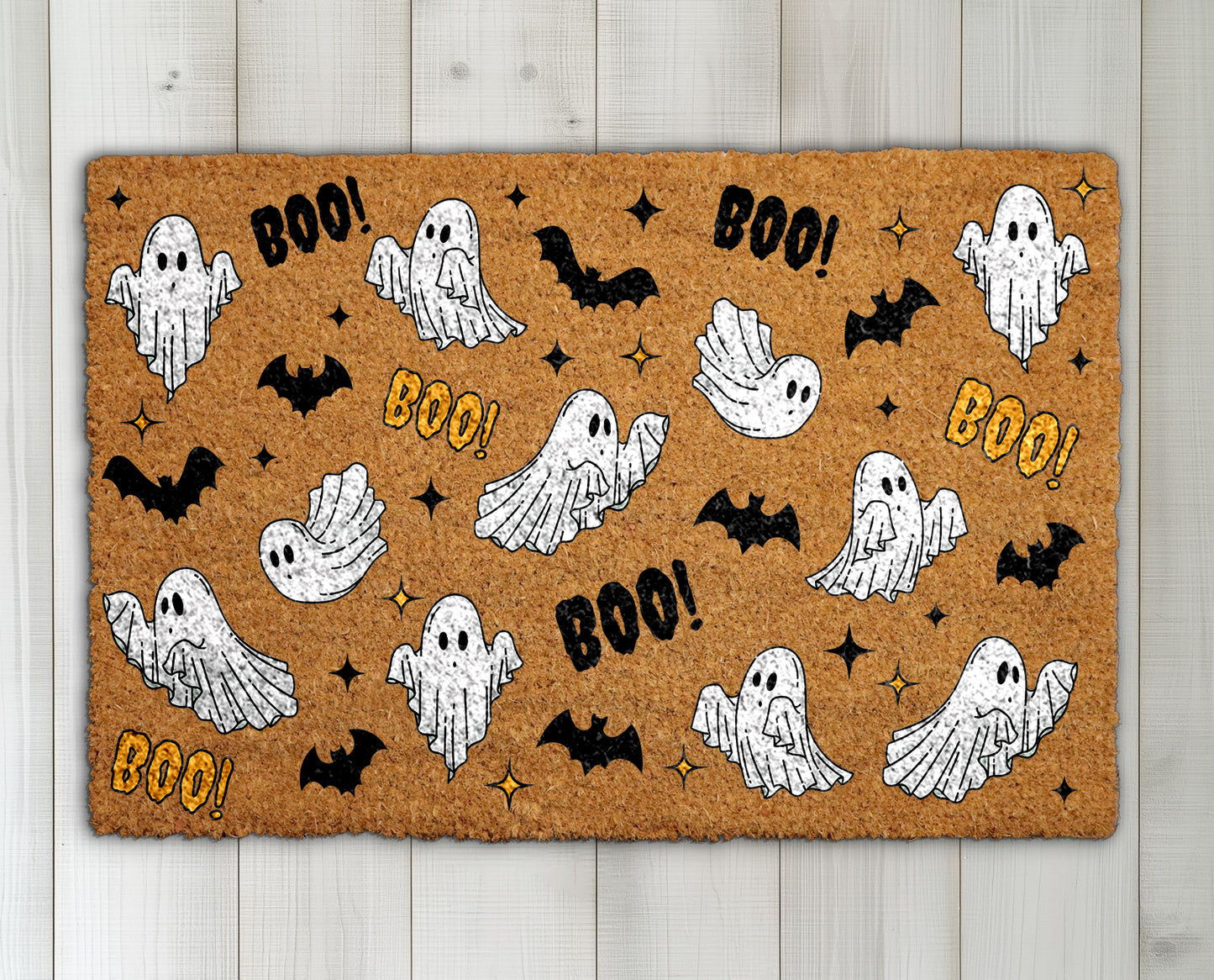Spooky Season Welcome: Ghost & Bat Pattern Doormat, Boo Floor Mat
