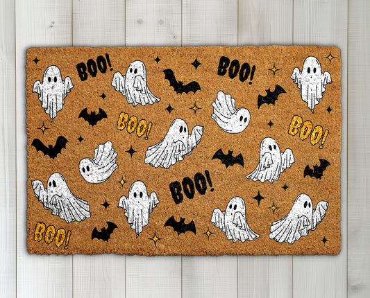Spooky Season Welcome: Ghost & Bat Pattern Doormat, Boo Floor Mat