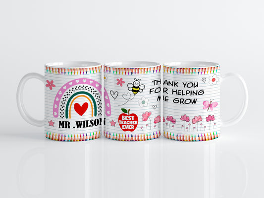 Personalized Teacher Gift, Bee & Flower Design Mug - Teacher Appreciation