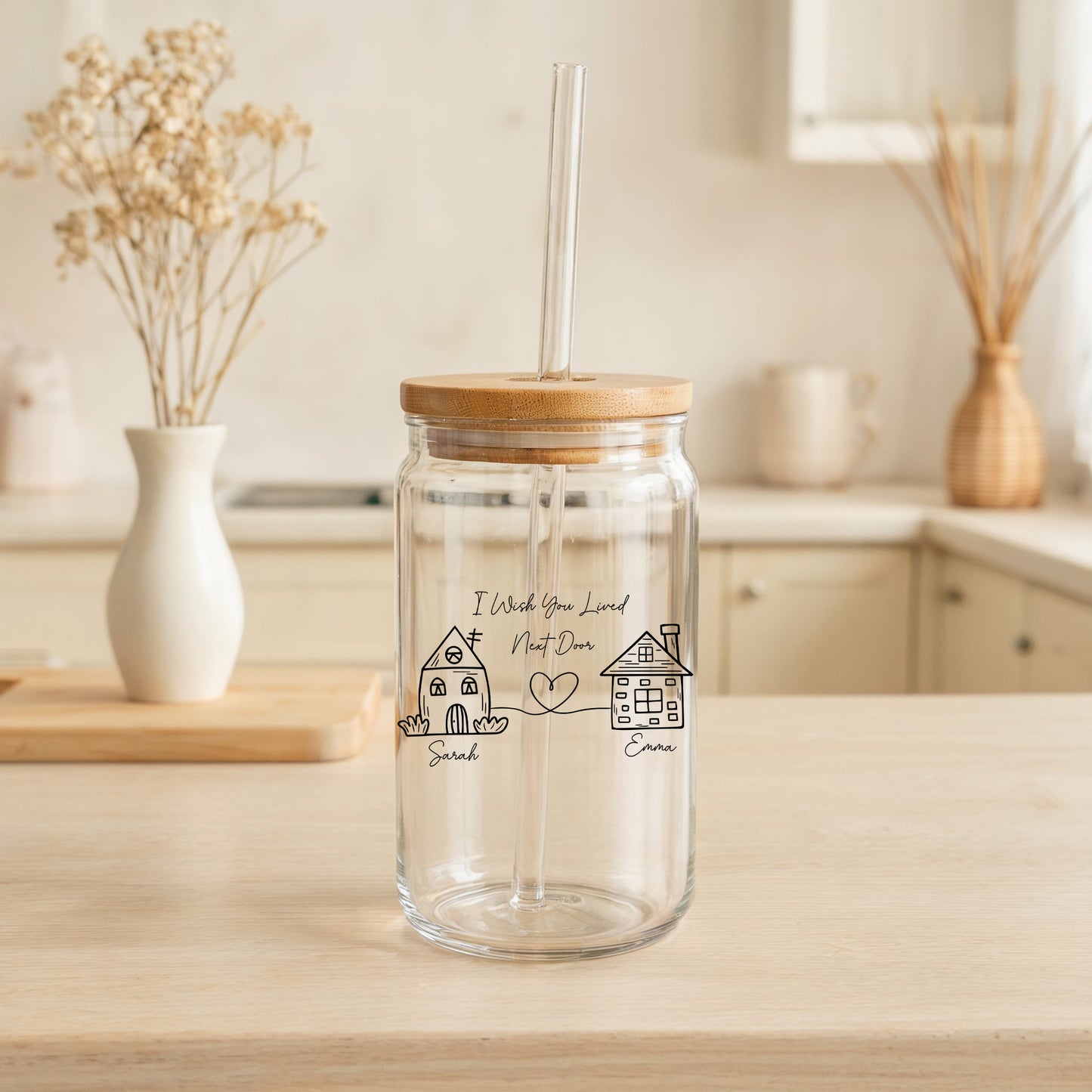 Personalized "I Wish You Lived Next Door" Glass Tumbler, Cute Besties Matching Cup.