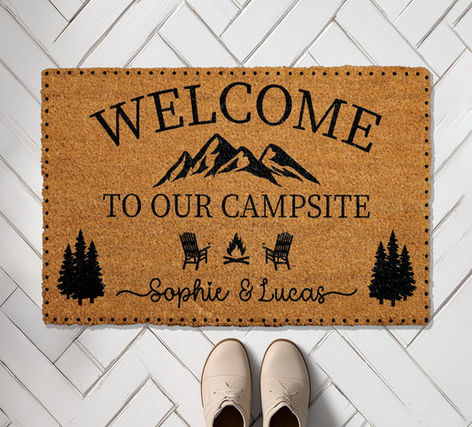 Personalized Couple's Welcome Mat, Mountain & Campfire Doormat for Glamping