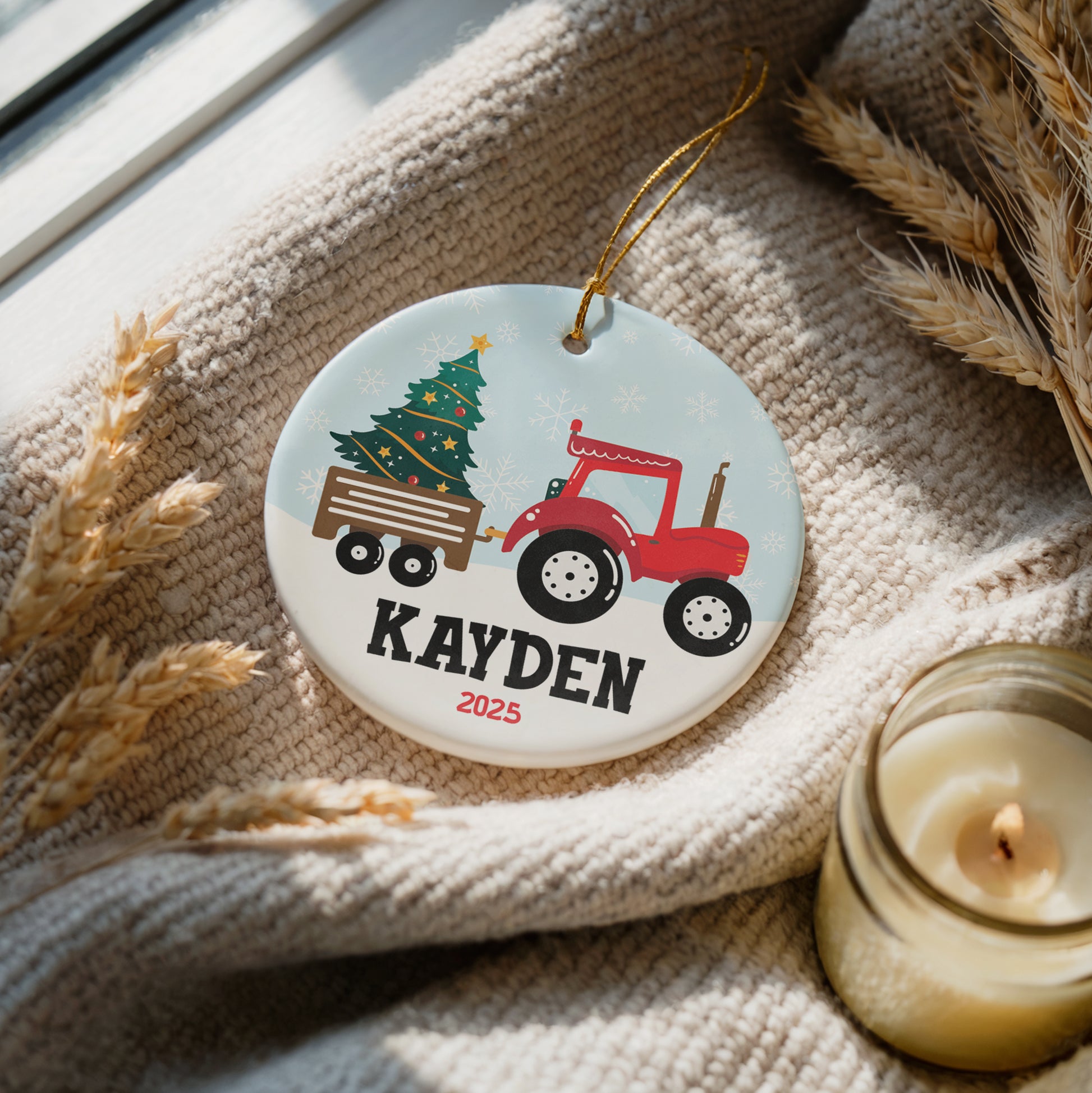 Red Tractor Ceramic Ornament, Baby's First Christmas Keepsake, Personalized Decoration