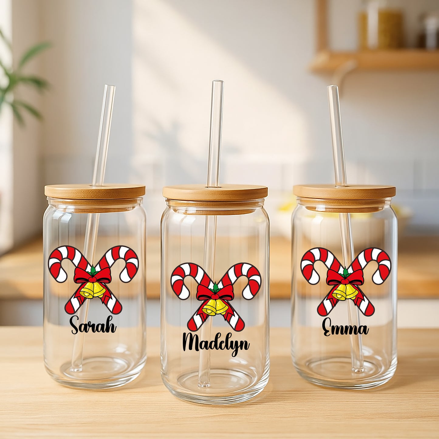 Personalized Candy Cane Glass Tumbler, Festive Matching Family Xmas Cups