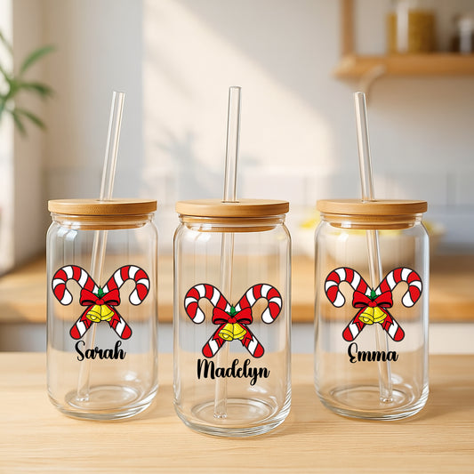 Personalized Candy Cane Glass Tumbler, Festive Matching Family Xmas Cups