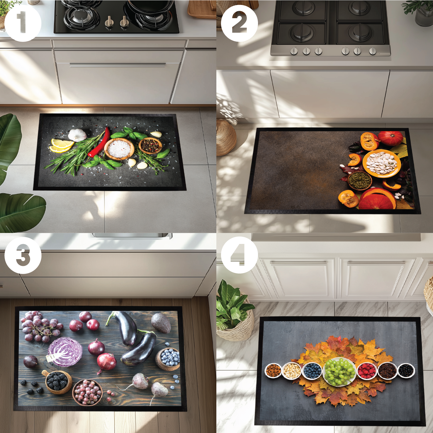 Vibrant Kitchen Mat with Colorful Food Prints, Stylish & Practical