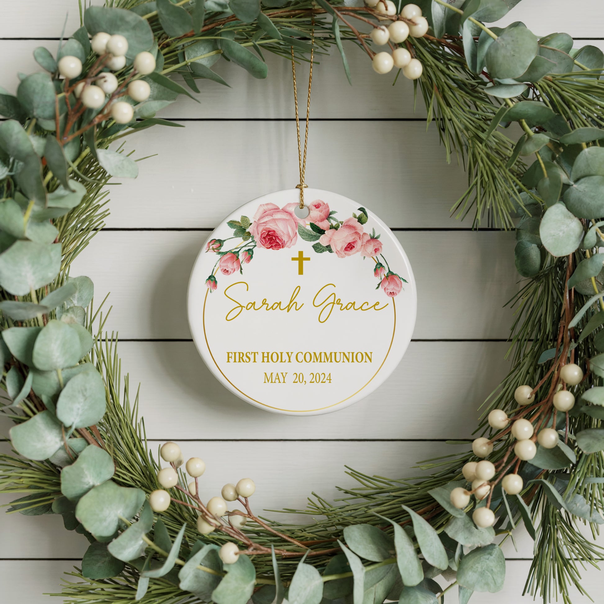 Ceramic Christening Decor, Personalized First Holy Communion Ornament, Cute Floral.